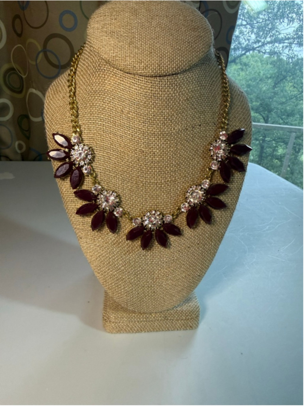 Vintage Y2K J.Crew Gold & Burgundy Floral Statement Necklace One Size
